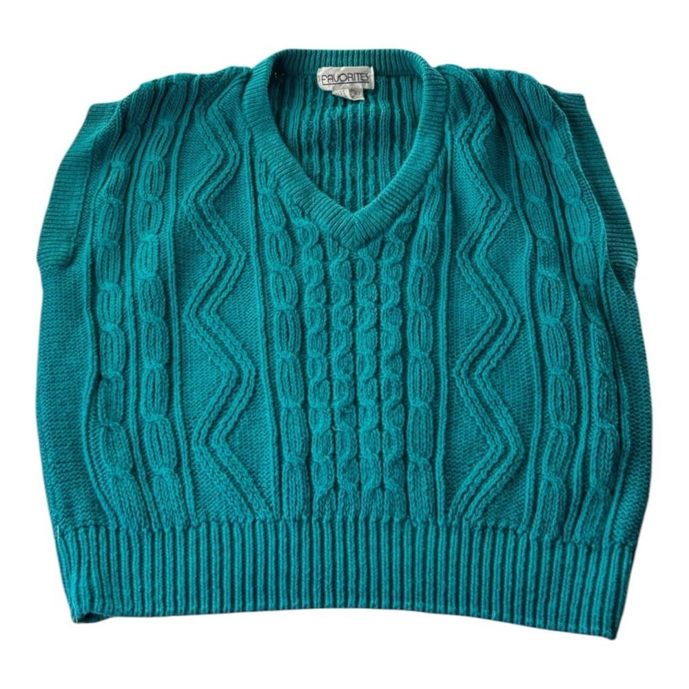Favorites Women's Large Teal Cable Knit V-Neck Sweater Ramie Cotton Pullover